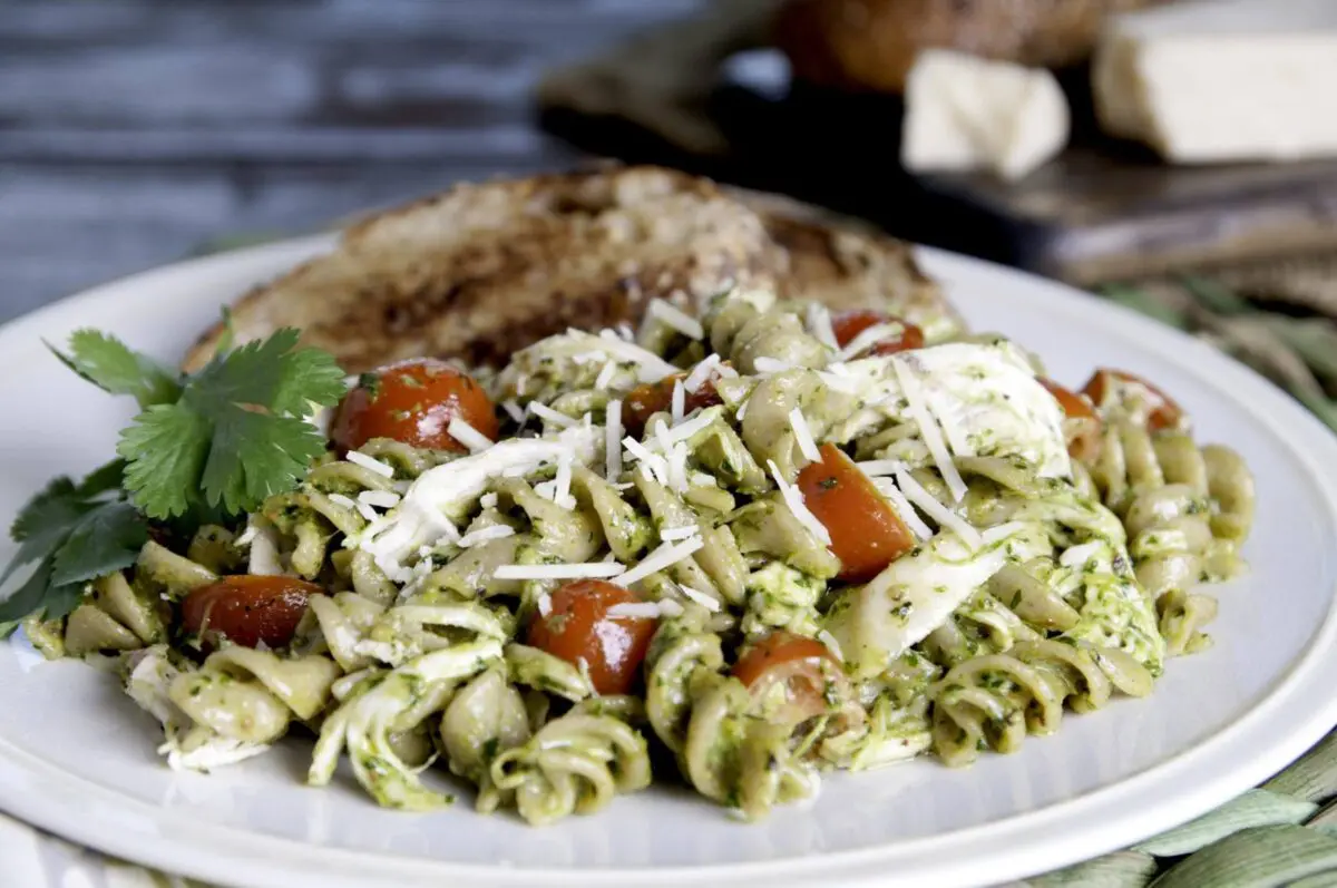 Cilantro Pesto Pasta with Chicken served with whole wheat toast and a sprig of basil