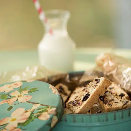 Chocolate Cherry Biscotti in cherry blossom tin