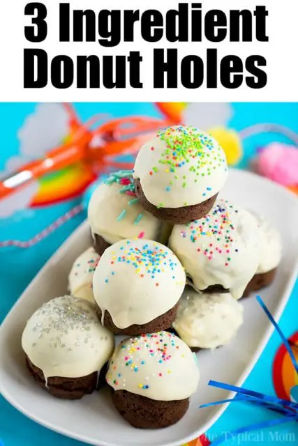 Three Ingredient Instant Pot Donut Holes on a white plate, colorful background