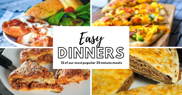 Easiest dinner recipes photo collage with stuffed shells, naan breakfast pizza, Italian Crescent Casserole and Layered Taco Casserole