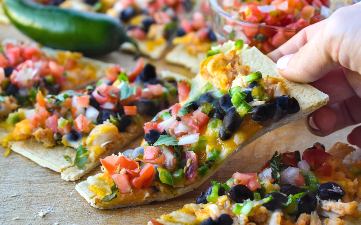 Image: Black Bean Chicken Taco Flatbread Pizza.