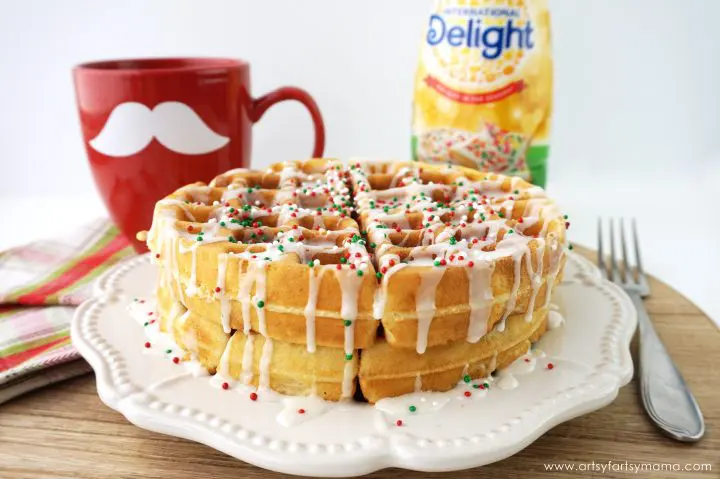 Fluffy Sugar Cookie Waffles with Sugar Cookie Coffee Creamer drizzle and sprinkles