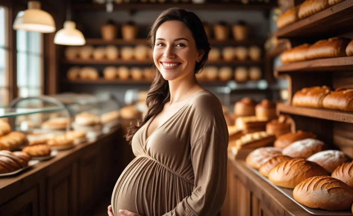 Photo: Pregnant woman in bakery.