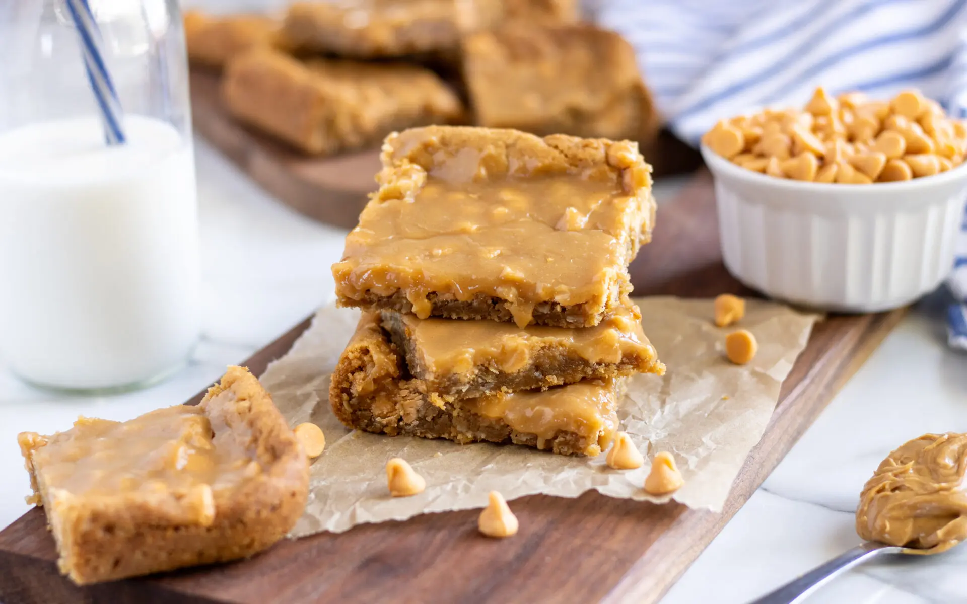 Butterscotch Peanut Butter Bars cut into squares.