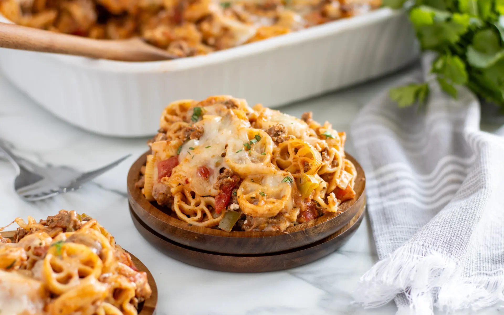 Wagon Wheel Pasta Casserole in a bowl.