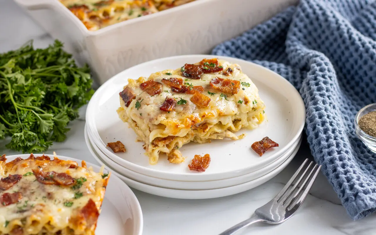 Carbonara Lasagna. | Eat Wheat Carbonara Lasagna served on a plate with a blue towel in the background and the rest of dish of lasagna behind it.