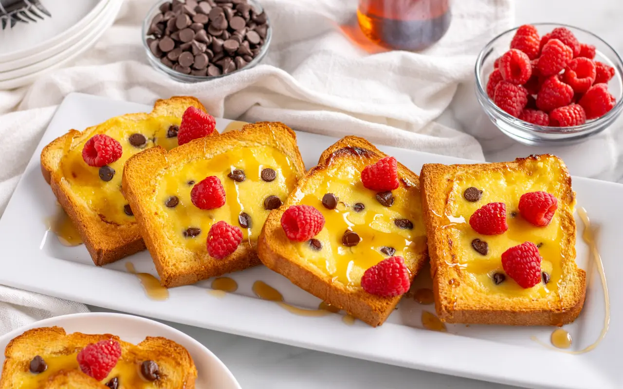 4 pieces of Air Fryer Custard Toast with raspberries and chocolate chips on the top layered on a plate.