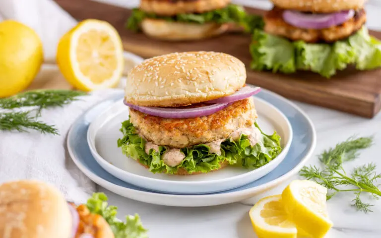 Salmon Burger on a plate with lettuce and onion ready to be served.