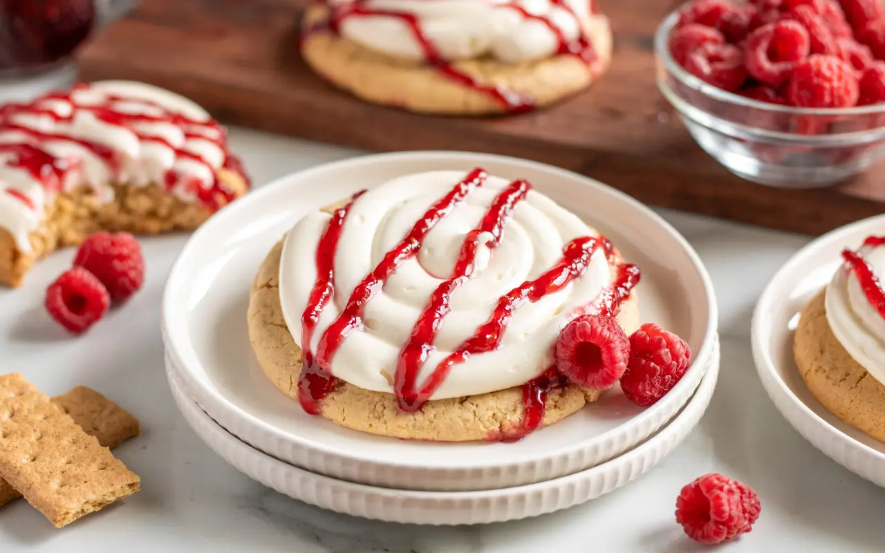 WebRaspberry Cheesecake Cookies | Eat Wheat Cookie with white frosting and raspberry drizzle on a white plate, surrounded by fresh raspberries.