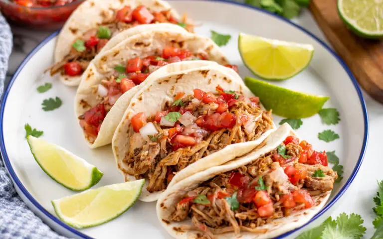 Web Pork Carnitas Street Tacos 2 | Eat Wheat Pork Carnitas Street Tacos served on a plate with pico de gallo on top and limes to the side.
