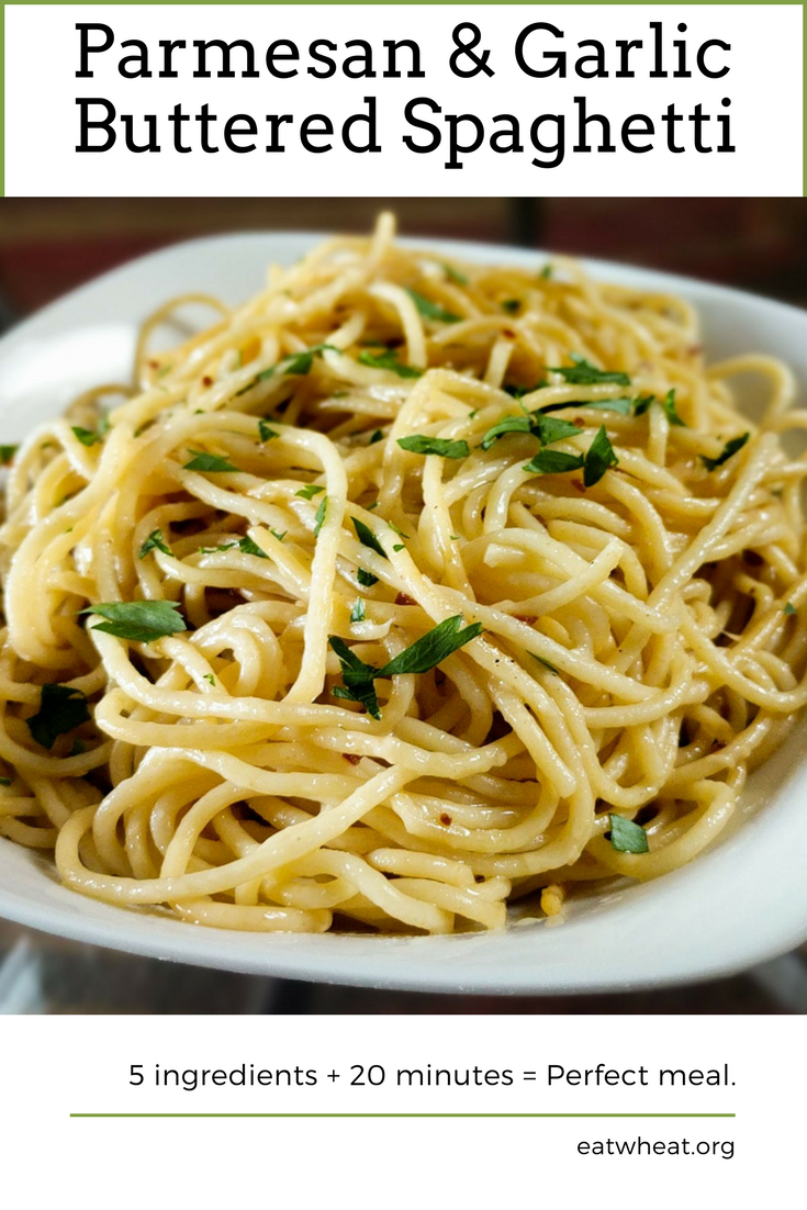 Parmesan & Garlic Buttered Spaghetti is a light, easy meal that only has 5 ingredients and can be on the table in 20 minutes!