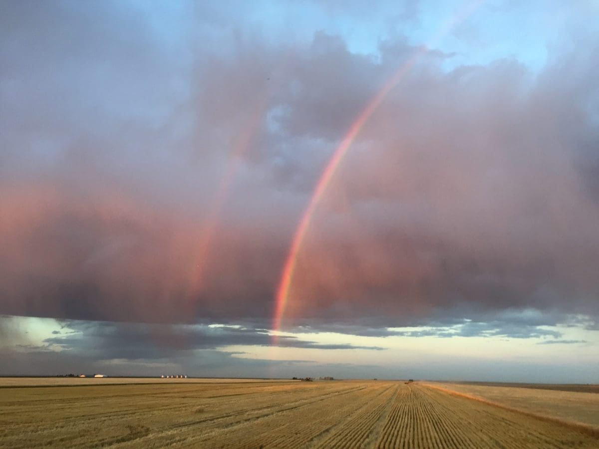 Rainbows arc over a cut wheat field in Colorado.