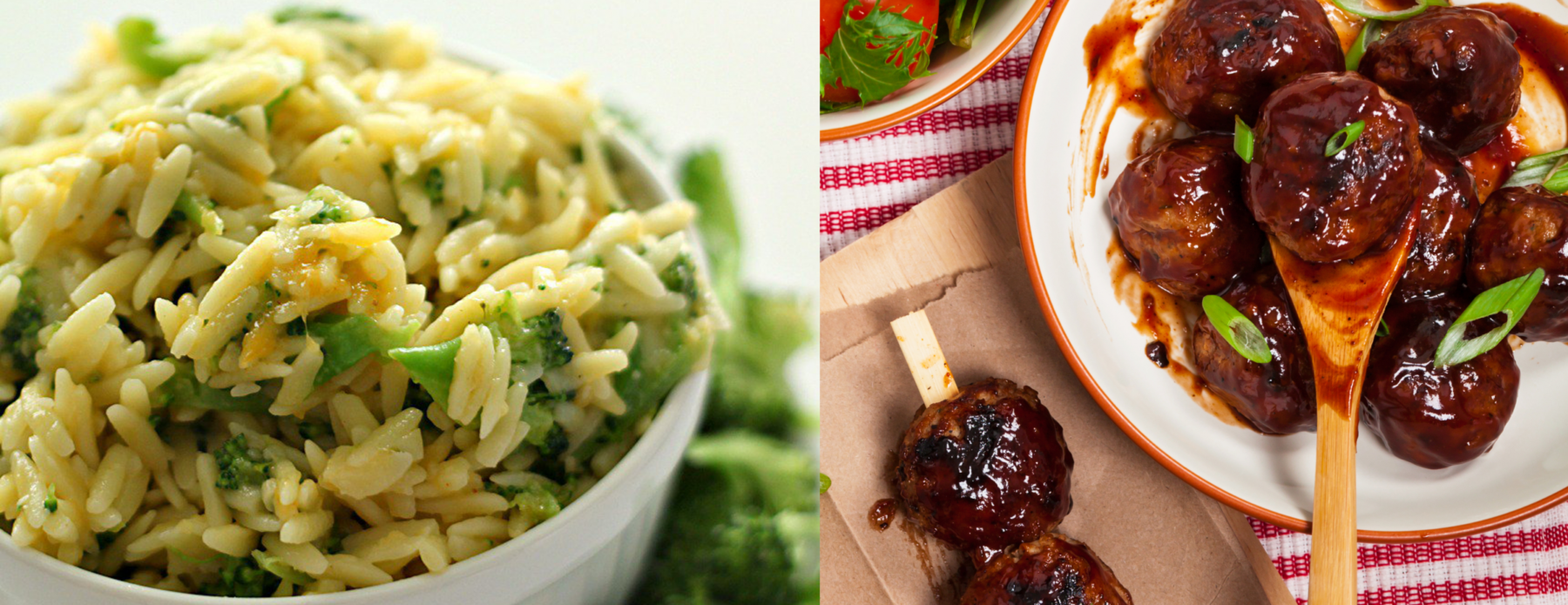 Photo: Cheesy broccoli orzo and barbecue meatballs.