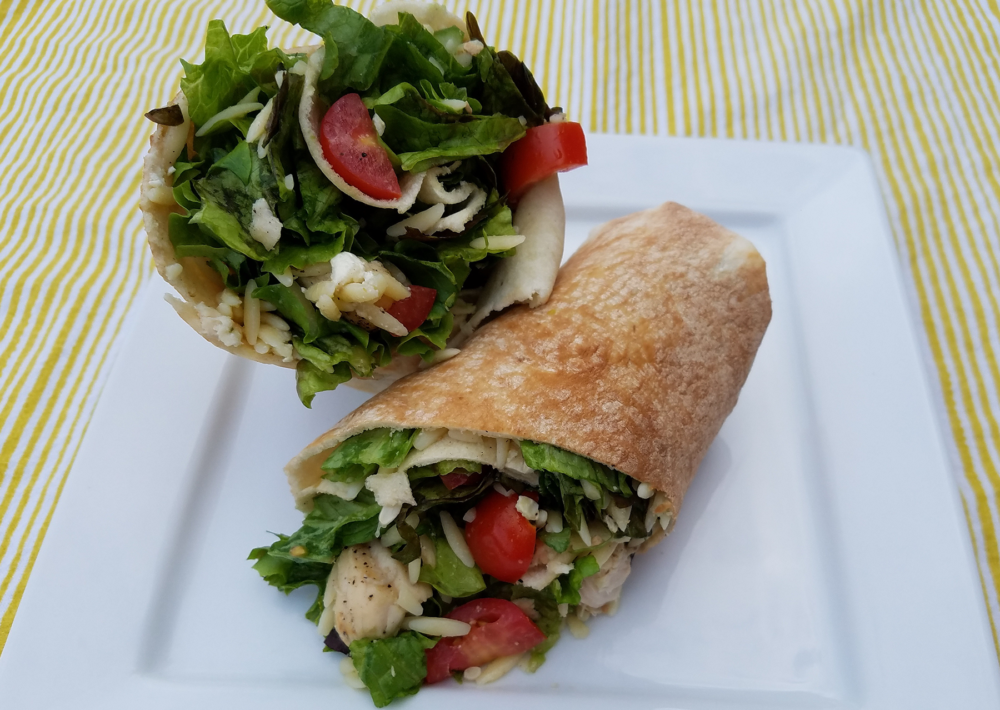 Photo: Summer meal idea - grilled chicken Greek orzo wrap.