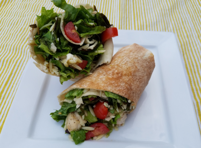 Photo: Summer meal idea - grilled chicken Greek orzo wrap.