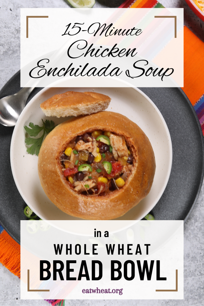 Image: Chicken Enchilada Soup in Bread Bowl.