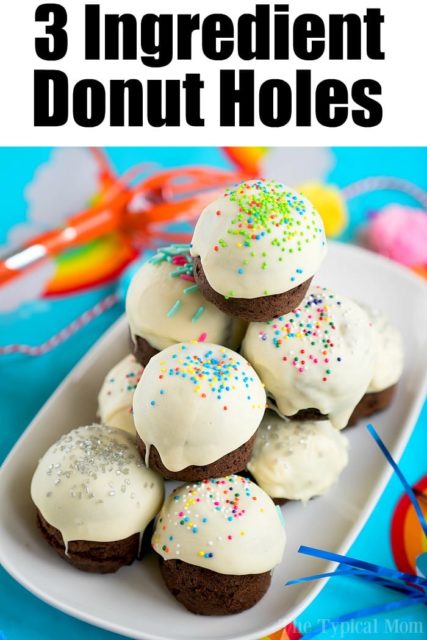 Three Ingredient Instant Pot Donut Holes on a white plate, colorful background