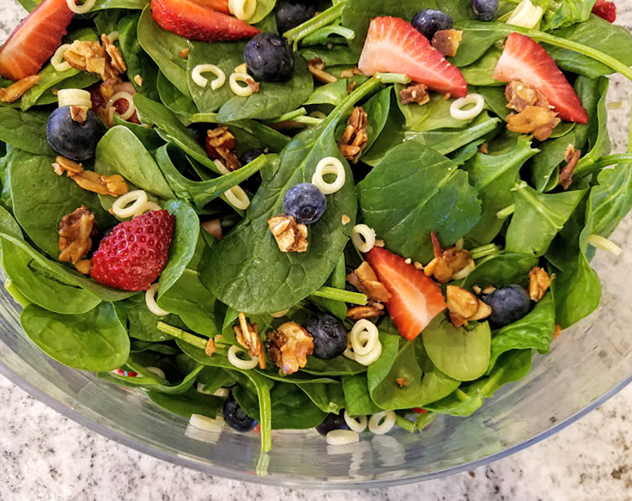 Strawberry Spinach Salad with Ditalini and Candied Almonds