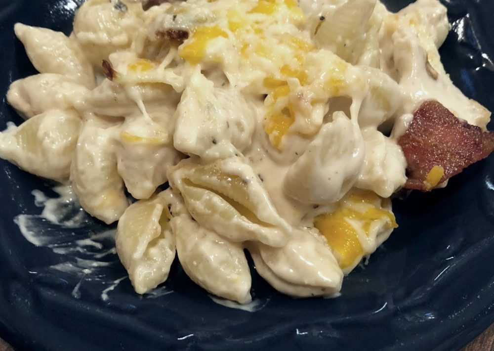 Chicken Bacon Ranch Casserole on a blue dish