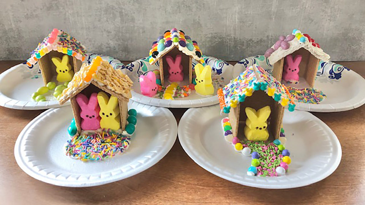 Image: Easter peeps graham cracker houses.
