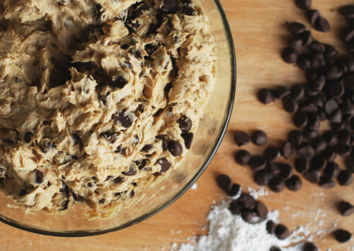 Raw dough in a bowl with chocolate chips and flour