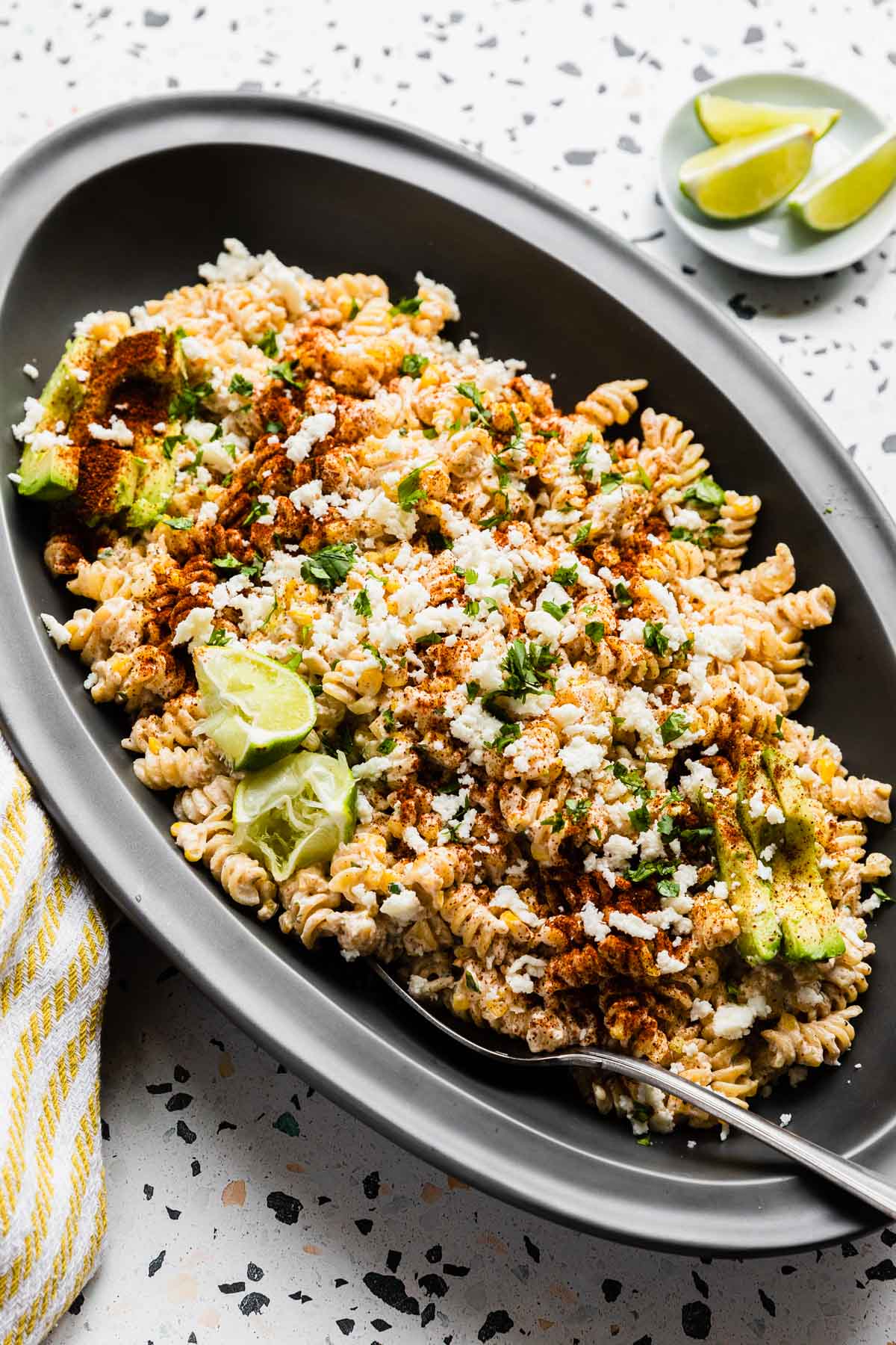 Mexican Street Corn Pasta Salad in a bowl, perfect for Super Bowl Recipe Roundup