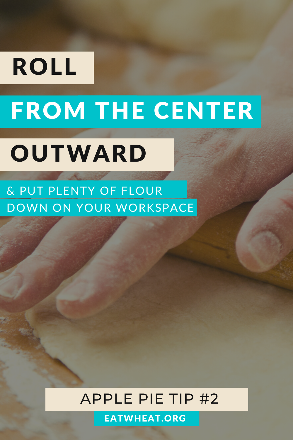 A graphic that says roll from the center outward and put plenty of flour down on your workspace.. Created for National Apple Pie Day.