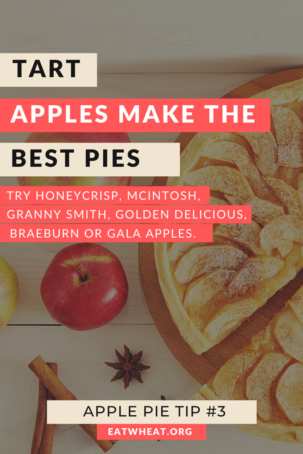 A graphic that says tart apples make the best pies. Try honeycrisp, mcintosh, granny smith, golden delicious, braeburn or gala apples.. Created for National Apple Pie Day.