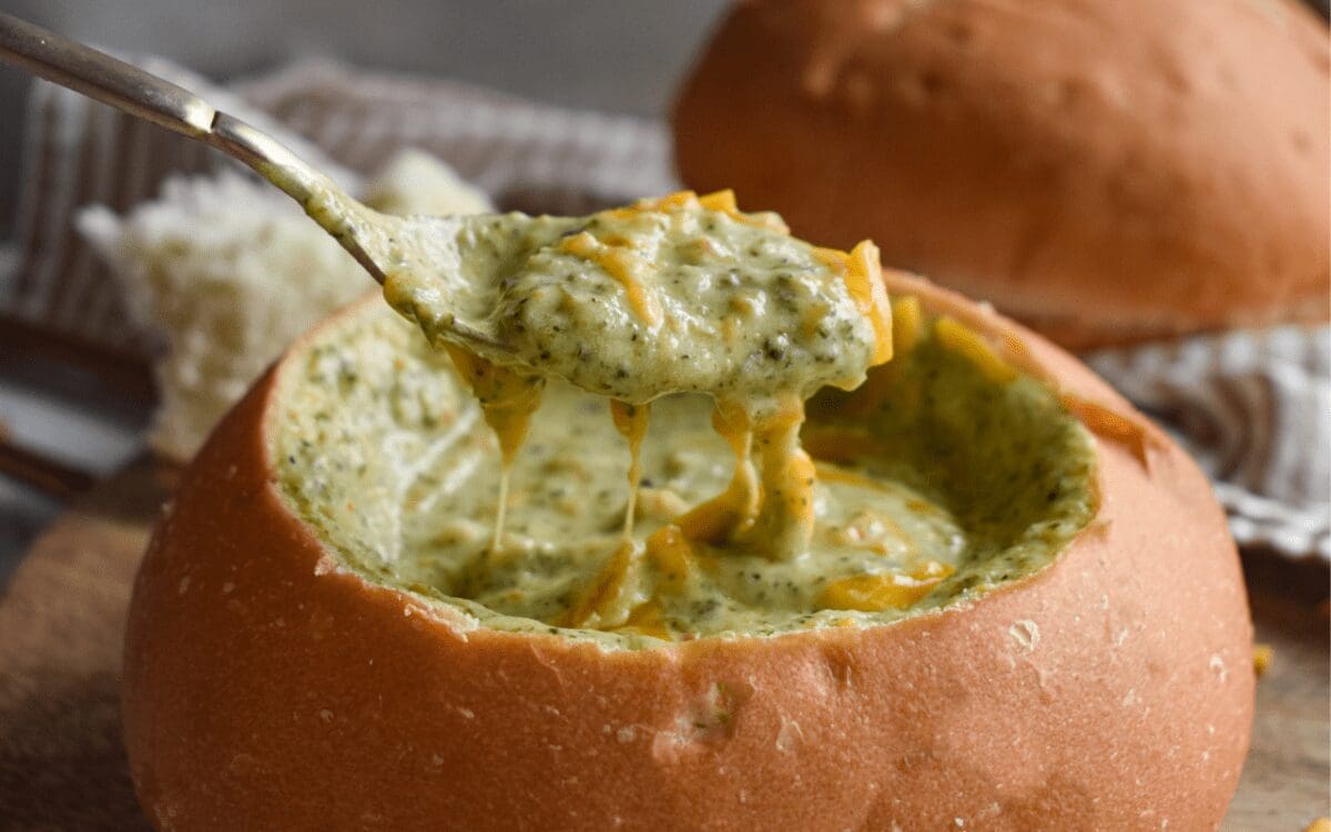 Photo: Creamy Broccoli Cheese Soup in a Bread Bowl