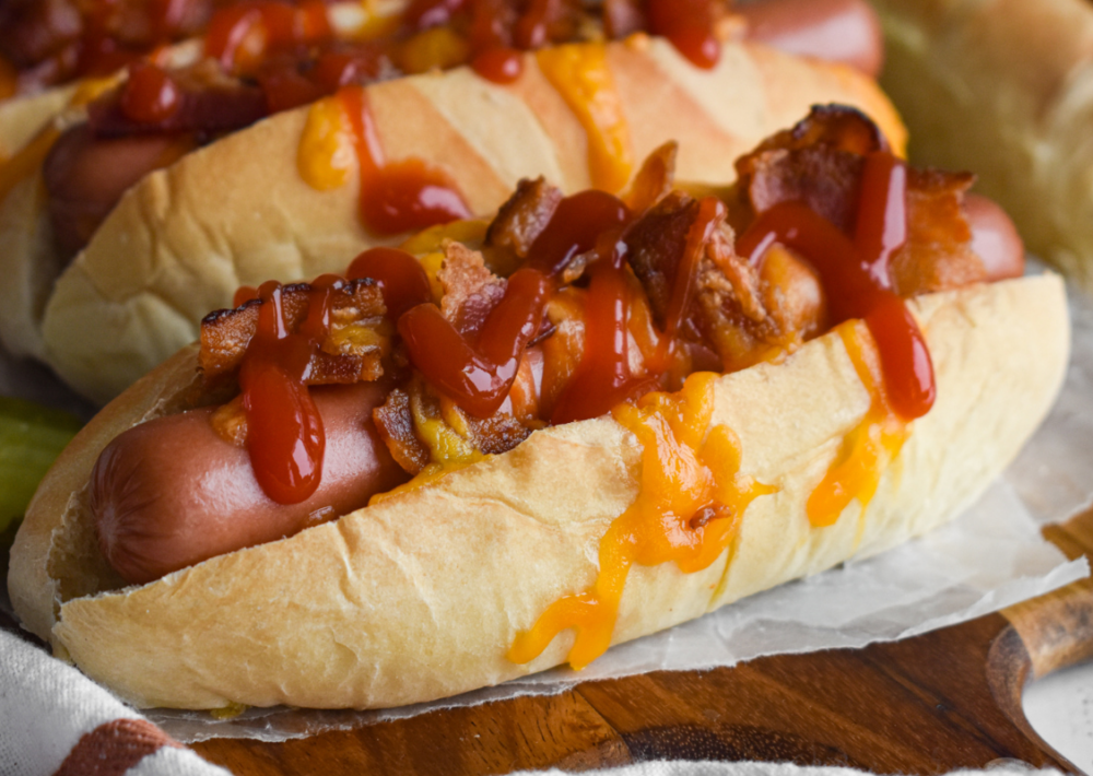 Photo: Bacon Cheddar Hotdogs.