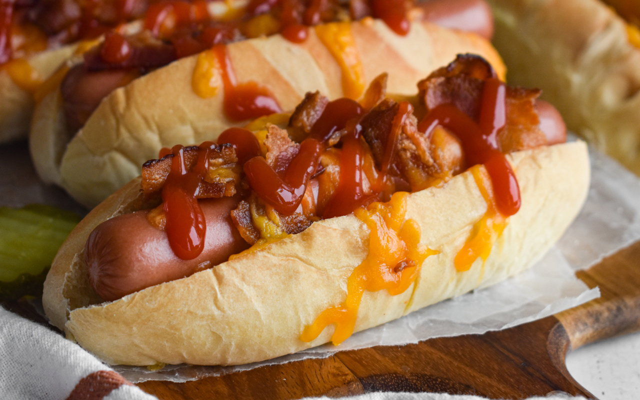 Photo: Bacon Cheddar Hotdogs.